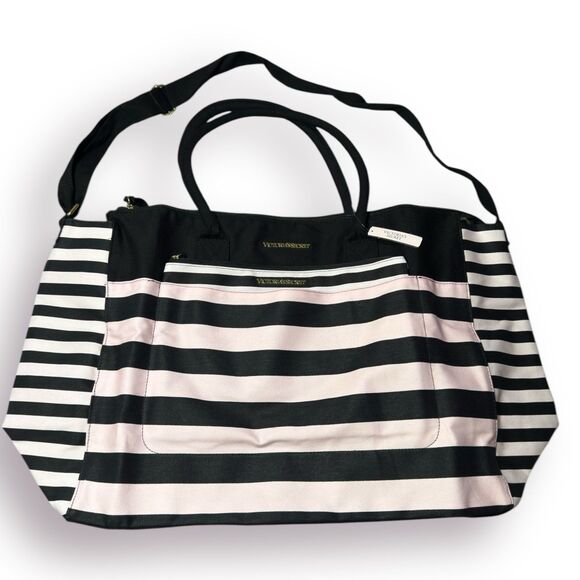 Victoria’s Secret Pink Stripe Weekend Bag Getaway Travel Large Tote Set BNWT - Picture 2 of 8